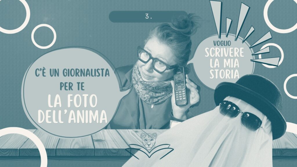 Donna con occhiali al telefono accanto a figura misteriosa – tutorial sull’immagine simbolica per scrivere la mia storia