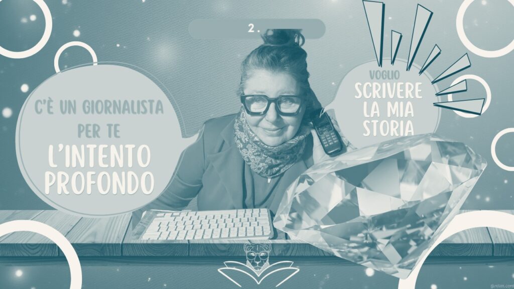 Donna con occhiali al telefono accanto a un grande diamante – tutorial sul perché scrivere la mia storia